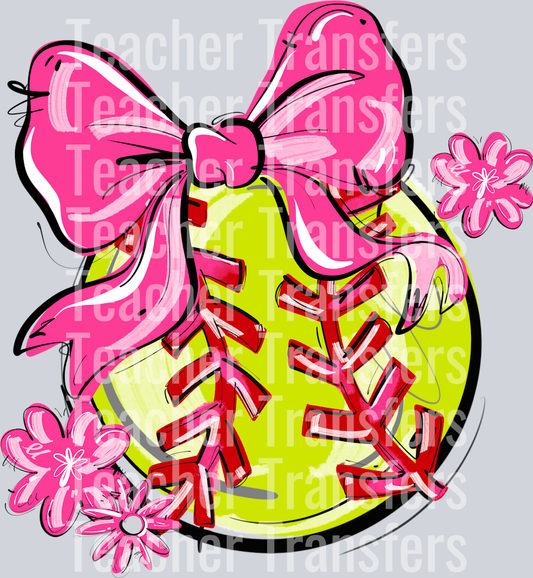 PINK PLAY BALL BOW WITH FLOWERS SOFTBALL