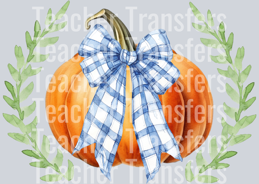 Watercolor Pumpkin with Blue Plaid Bow