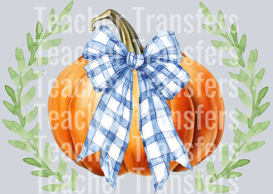 Watercolor Pumpkin with Blue Plaid Bow