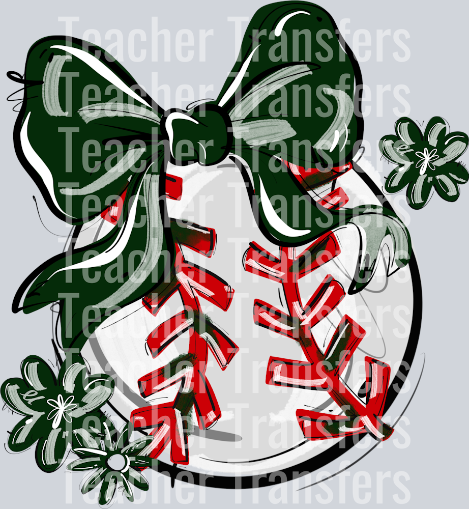 DARK GREEN PLAY BALL BOW WITH FLOWERS BASEBALL