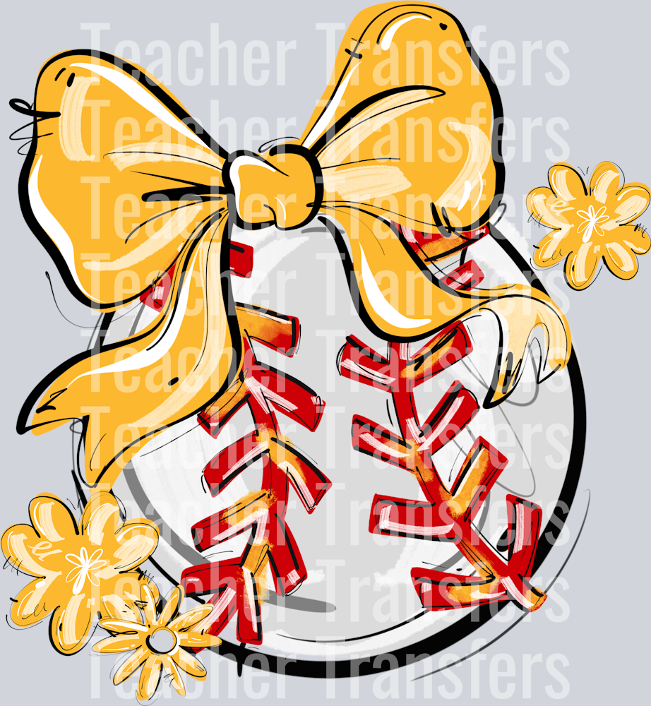 YELLOW PLAY BALL BOW WITH FLOWERS BASEBALL