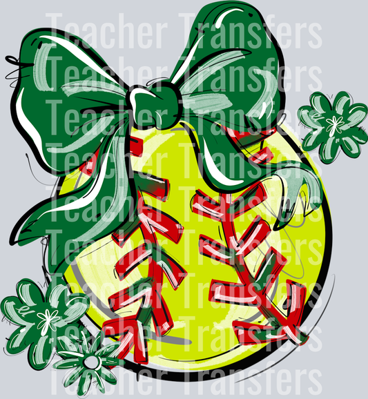 KELLY GREEN PLAY BALL BOW WITH FLOWERS SOFTBALL
