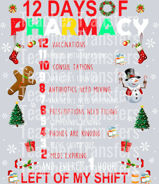 12 Days Of Pharmacy Funny Christmas Pharmacist Tech Xmas T-Shirt