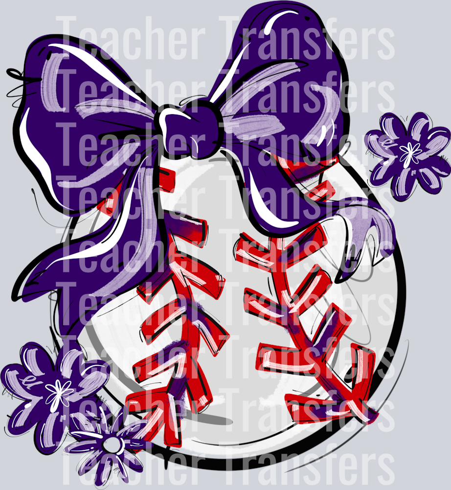 PURPLE PLAY BALL BOW WITH FLOWERS BASEBALL