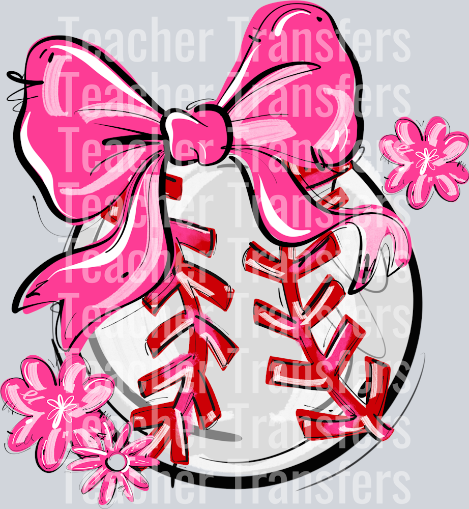 PINK PLAY BALL BOW WITH FLOWERS BASEBALL