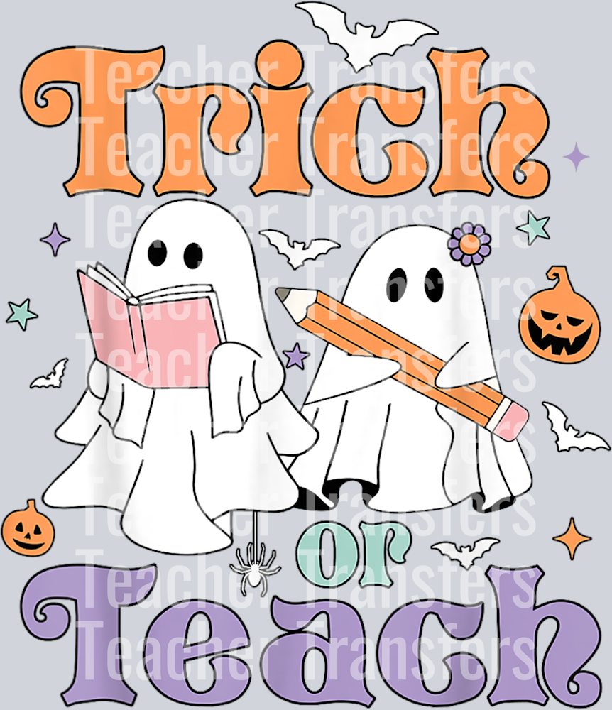 Trick or Teach Groovy Halloween Retro Floral Ghost Teacher T-Shirt