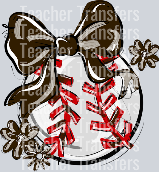 BROWN PLAY BALL BOW WITH FLOWERS BASEBALL