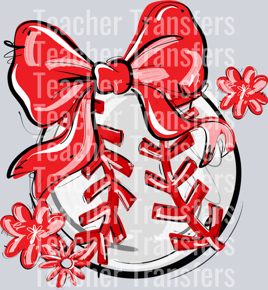 RED PLAY BALL BOW WITH FLOWERS BASEBALL