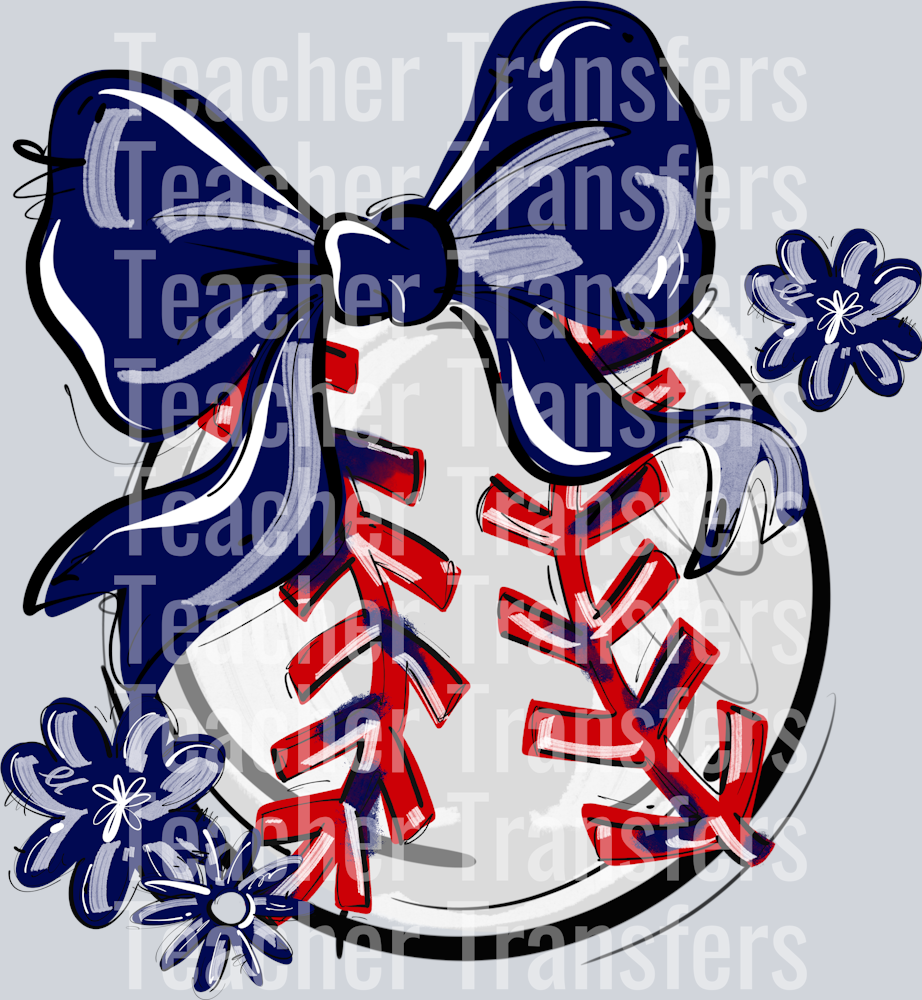NAVY PLAY BALL BOW WITH FLOWERS BASEBALL