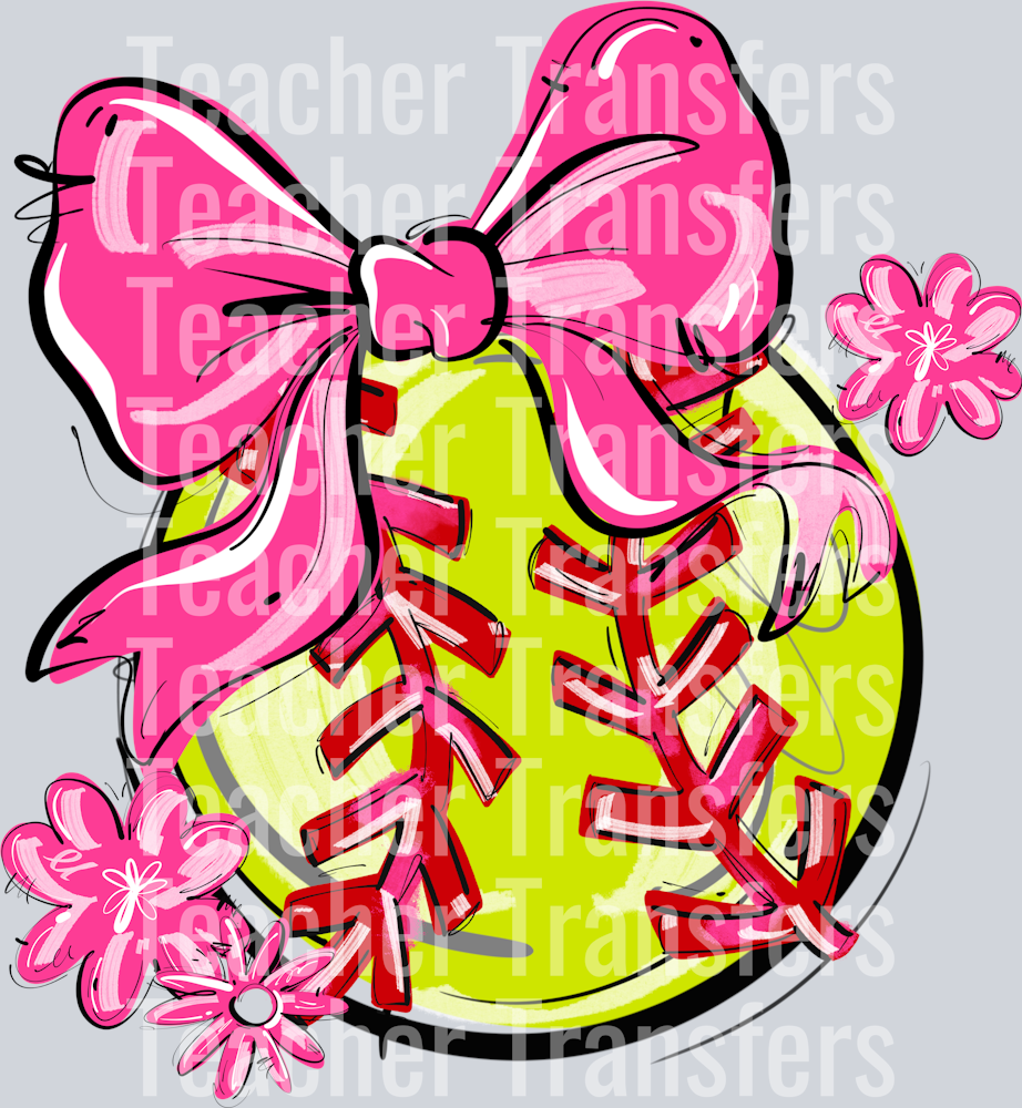 PINK PLAY BALL BOW WITH FLOWERS SOFTBALL