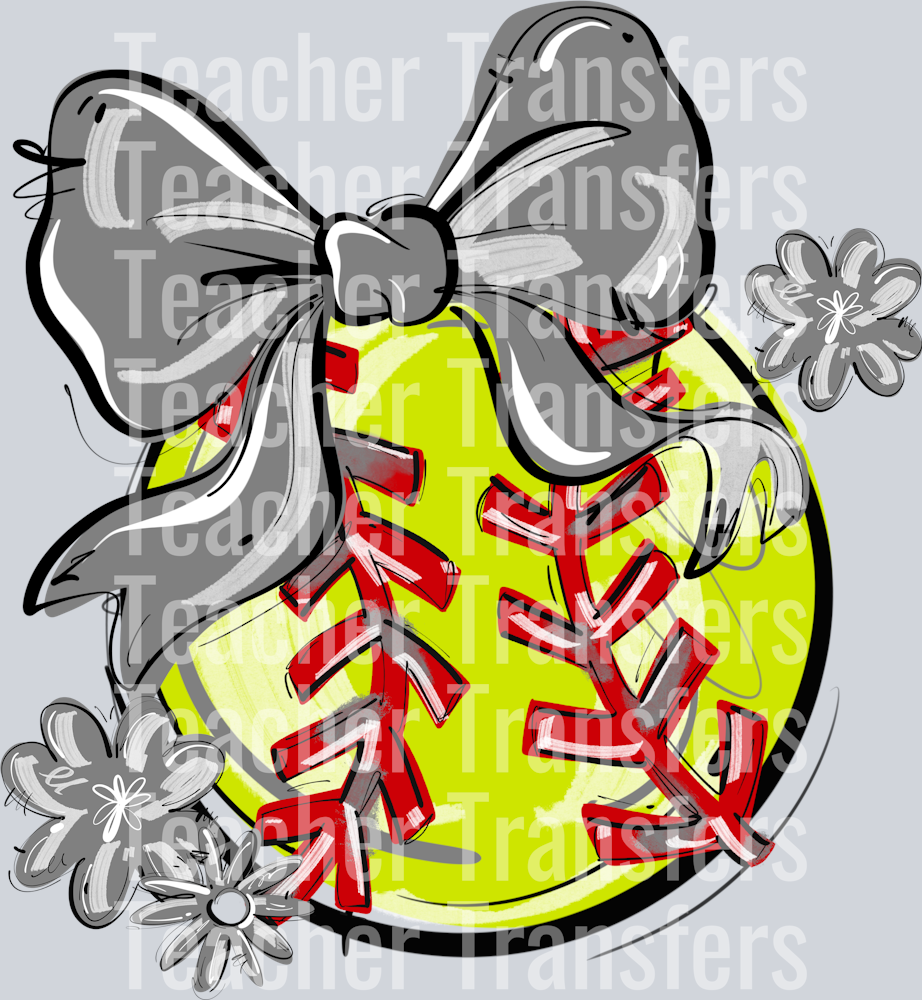 GRAY PLAY BALL BOW WITH FLOWERS SOFTBALL