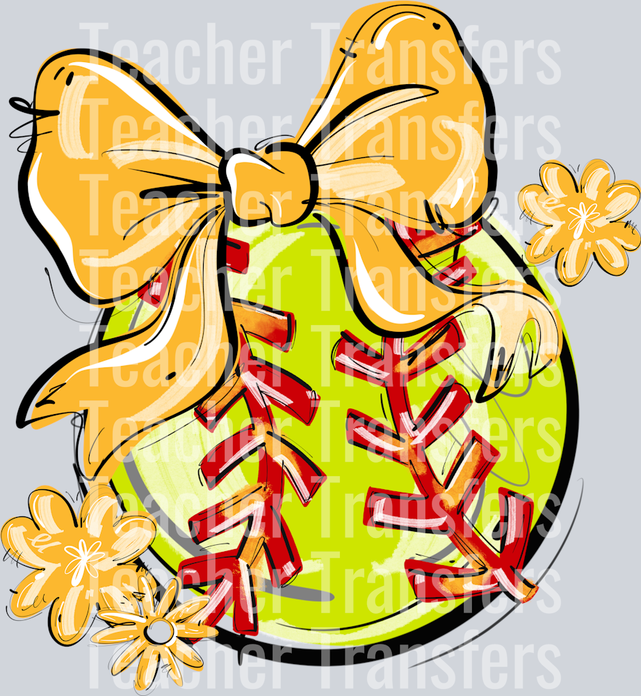 YELLOW PLAY BALL BOW WITH FLOWERS SOFTBALL
