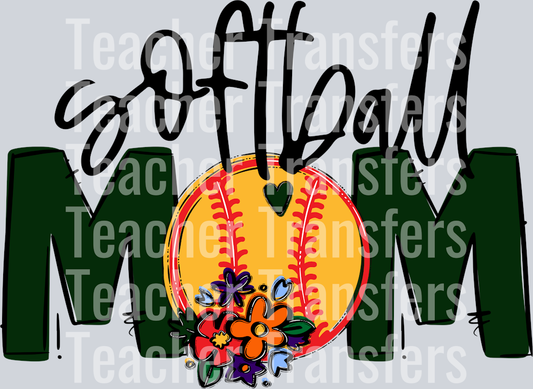 Softball Mom Dark Green Flowers