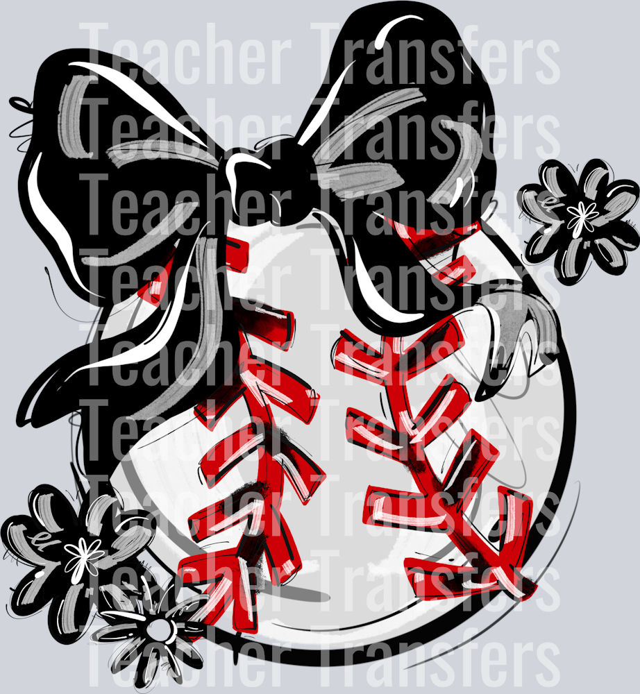 BLACK PLAY BALL BOW WITH FLOWERS BASEBALL