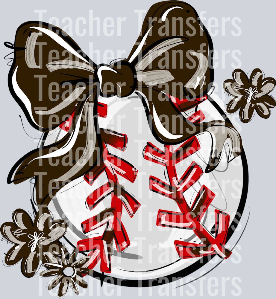 BROWN PLAY BALL BOW WITH FLOWERS BASEBALL