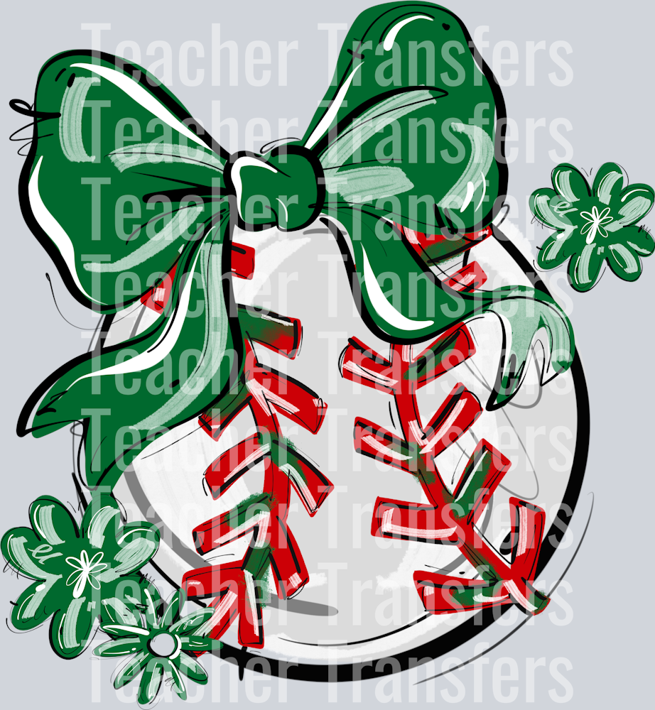 KELLY GREEN PLAY BALL BOW WITH FLOWERS BASEBALL