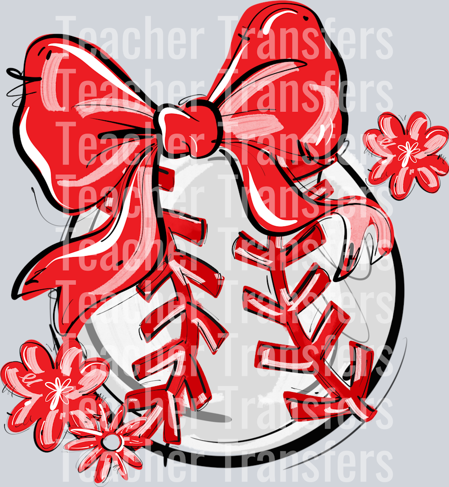 RED PLAY BALL BOW WITH FLOWERS BASEBALL