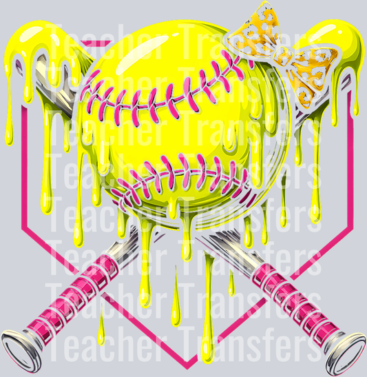 Softball Drip Girls Ice Cream Drip Youth Softball Girl Bow T-Shirt (1)